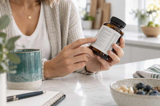 A person reading the back label of a supplement bottle